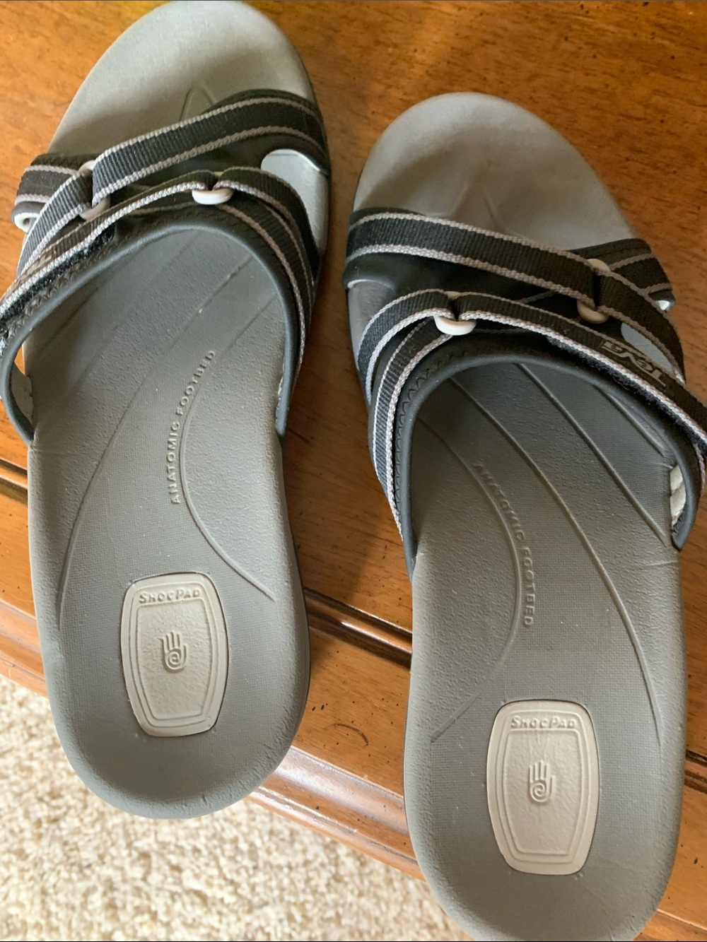 Teva Gray and Black Slide Sandals with Striped Webbing Strap